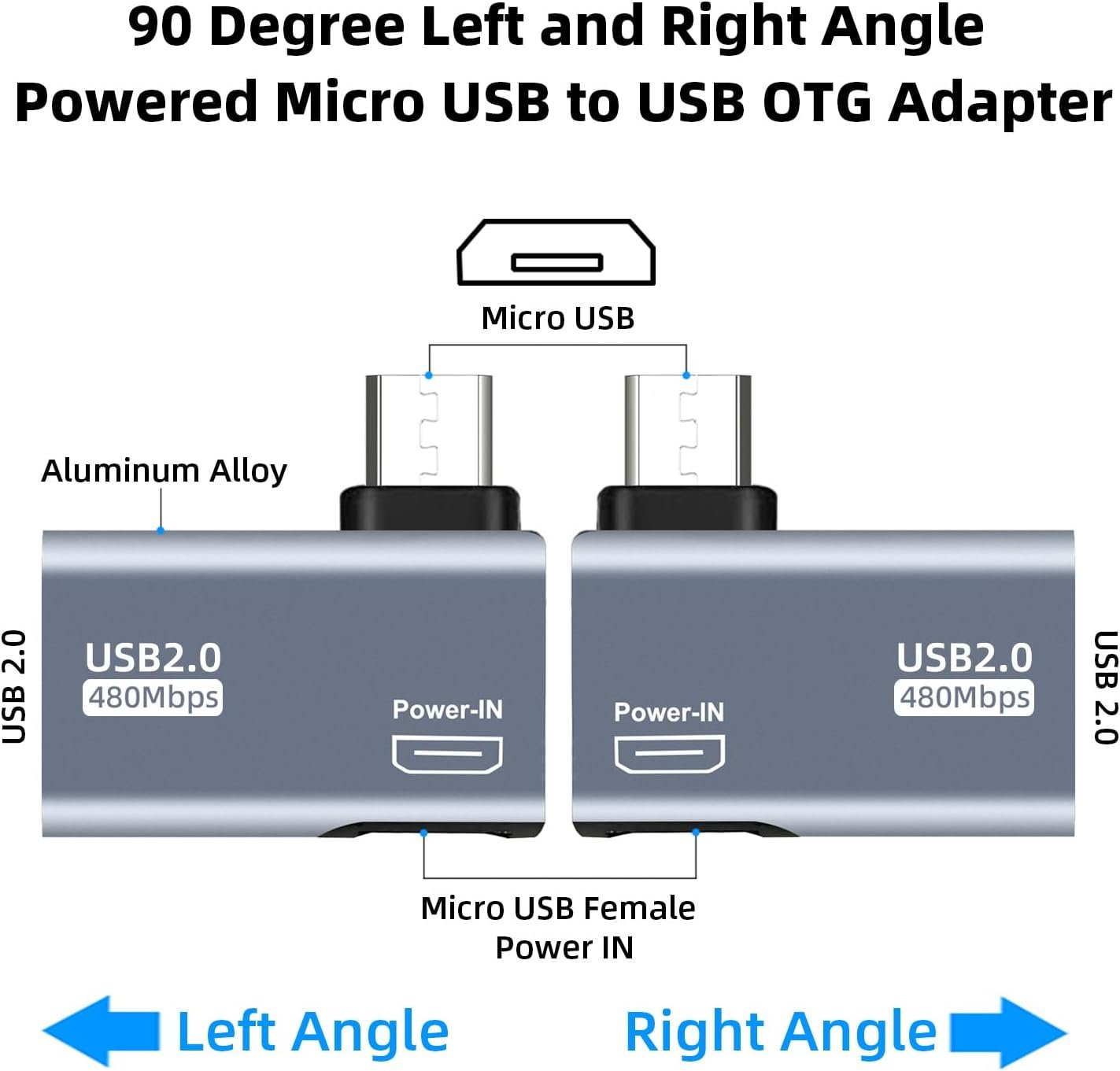 AreMe 2 Pack OTG Cable Adapter for Fire TV Stick 4K, 90 Degree Left and Right Angle Powered Micro USB to USB OTG Adapter for Android Phone Tablet and More Host Devices with Micro USB (Grey)