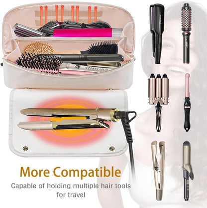 Kannino Hair Tools Travel Bag and Heat Resistant Mat, 2 in 1 Hot Tools Travel Bag for Straightener, Curling Iron, Flat Irons, Hair Dryer, Portable Organizer Hair Travel Case, Hangable Handles (Beige)
