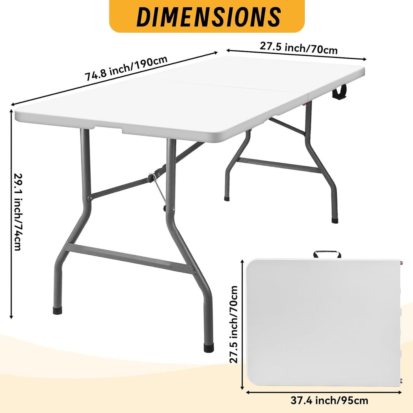 Onlyflame Folding Table 6 Feet Portable Heavy Duty Plastic Dining Table with Handle - Perfect for Dining, Picnic, and Party Indoor/Outdoor