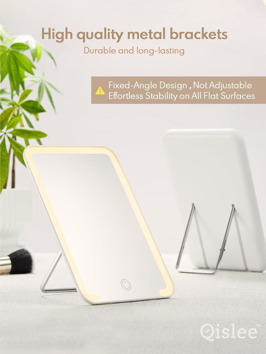 Qislee Travel Makeup Mirror with Lights, 3 Color Modes, Desk Mirror with Foldable Stand, Touch Dimming, Perfect Travel Accessory, White