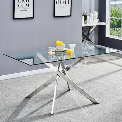 Take Me Home Furniture Solei Modern Rectangular Dining Table | Clear Tempered Glass Table Top - Stainless Steel Trestle Base | Glam Overlapping Legs, Dining Room Table Furniture, Easy Assembly