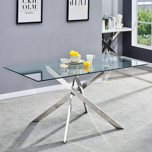 Take Me Home Furniture Solei Modern Rectangular Dining Table | Clear Tempered Glass Table Top - Stainless Steel Trestle Base | Glam Overlapping Legs, Dining Room Table Furniture, Easy Assembly