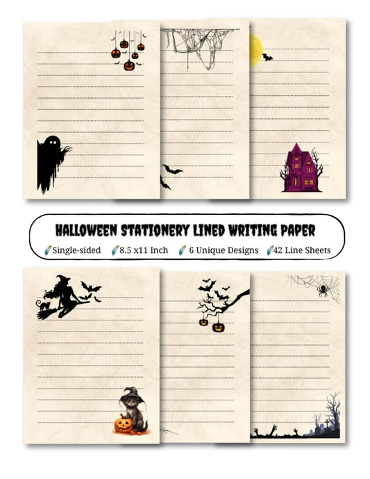 8.5 x 11" Halloween Stationery Lined Writing Paper: Border Letter Paper stationery, Letterhead for Party Invitations, Elegant Scrapbook Paper for events: 6 Unique Designs, 42 Sheets, Single-sided