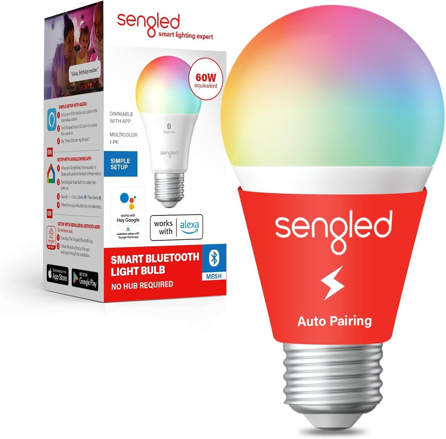 Sengled Smart Light Bulbs, Color Changing Alexa Light Bulb Bluetooth Mesh, Smart Bulbs That Work with Alexa Only, Dimmable LED Bulb A19 E26 Multicolor, High CRI, High Brightness, 8.7W 800LM, 1Pack
