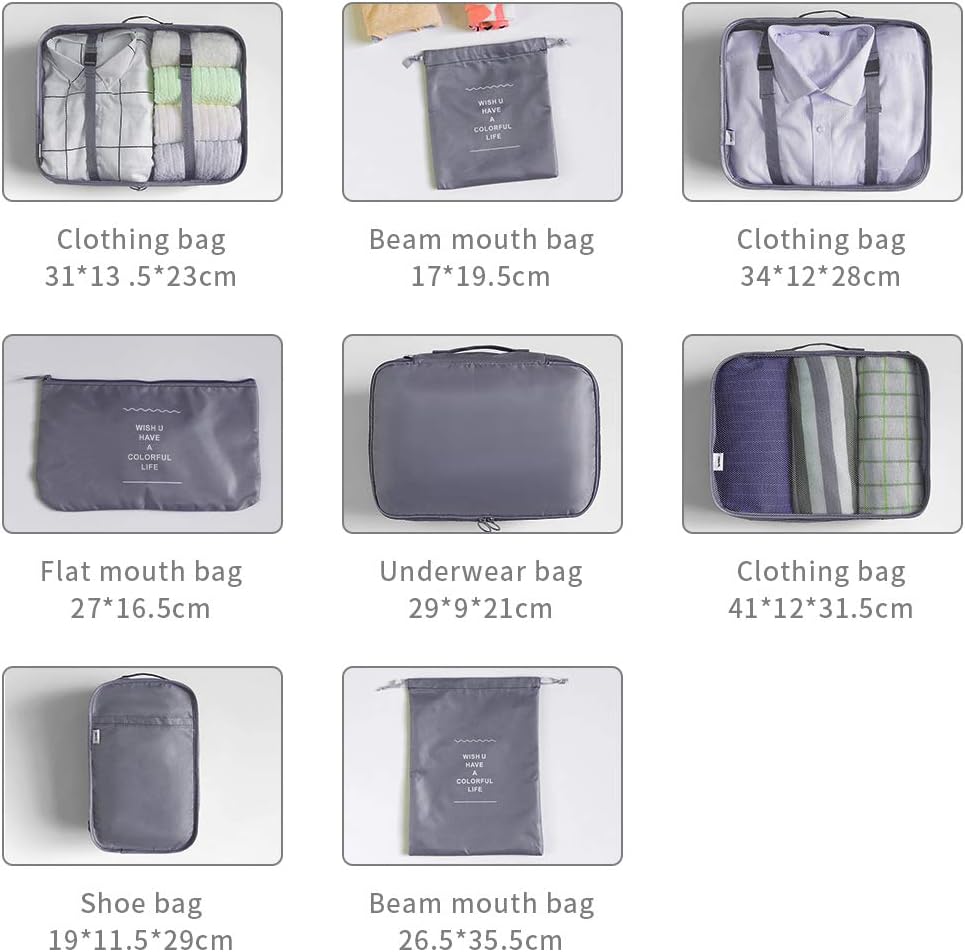 AMAYGA Organizer Suitcase Set of 8, Travel Organizers Cubes Packaging Laundry Bag Compression Bags for Clothes, Cosmetics, Shoes, Underwear (Grey), grey