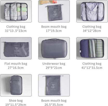 AMAYGA Organizer Suitcase Set of 8, Travel Organizers Cubes Packaging Laundry Bag Compression Bags for Clothes, Cosmetics, Shoes, Underwear (Grey), grey
