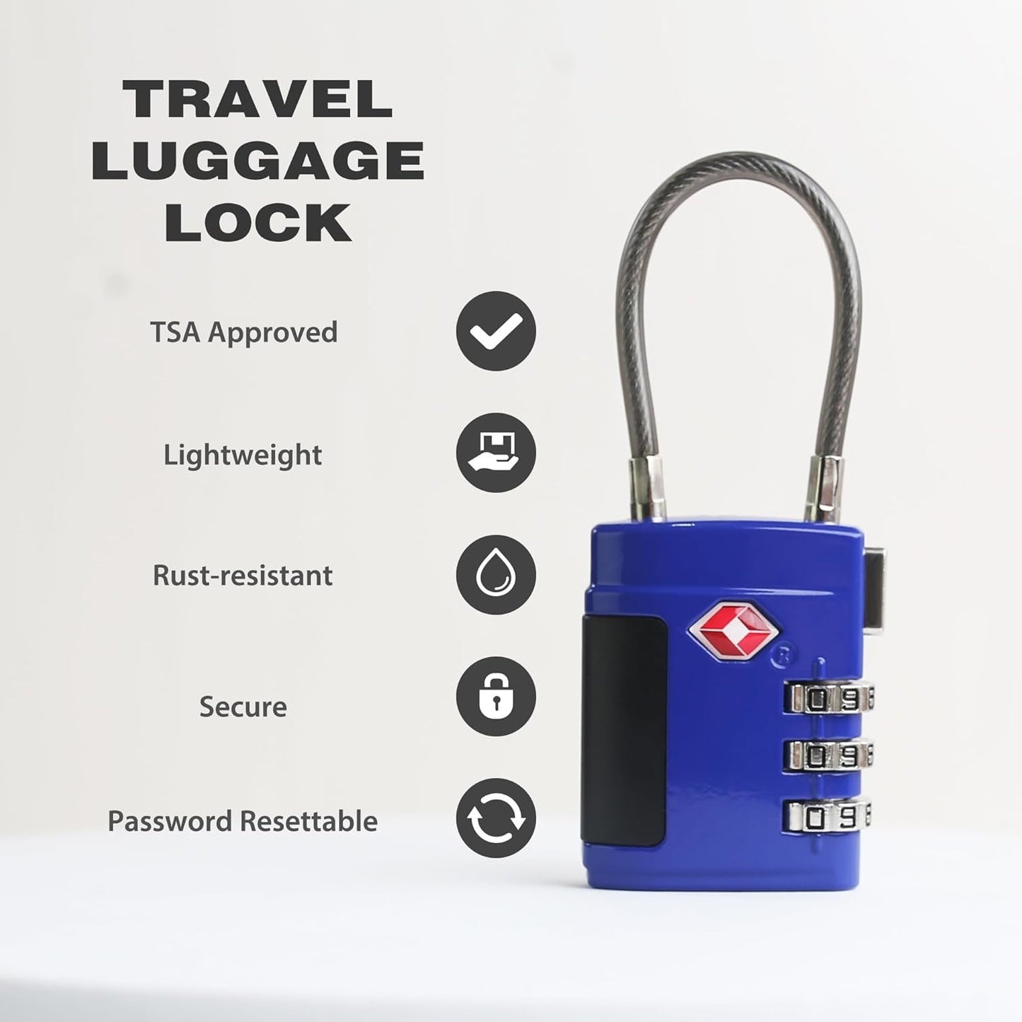 UP Security TSA Locks for Luggage, Small Padlock Combination, Luggage Locks TSA Approved, Combo Padlocks with Cable for Suitcase, Gym Locker, Backpack, Gun Case, Bag Zipper, Tool Box (Black+Blue)