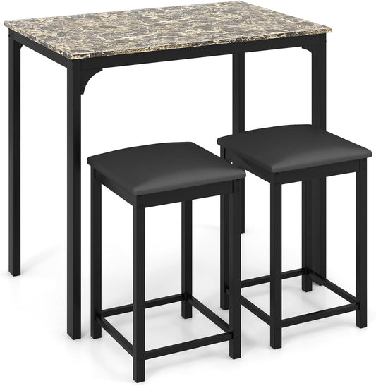 Giantex 3PCs Dining Table & Chairs Set, Modern Kitchen Table w/Faux Marble Tabletop & 2 Bar Stools, Dining Table Set Counter Height Breakfast Table for Home Hotel Dining Room Kitchen (Rustic Brown)