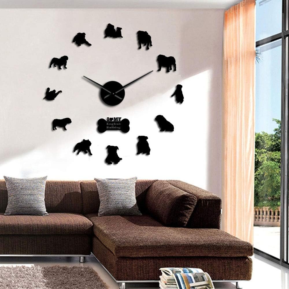Beisite English Bulldog Home Decor Wall Clocks British Bulldog Silhouettes Wall Art DIY Large Wall Clocks Clocks Large Time Wall Clock (Black, 47")