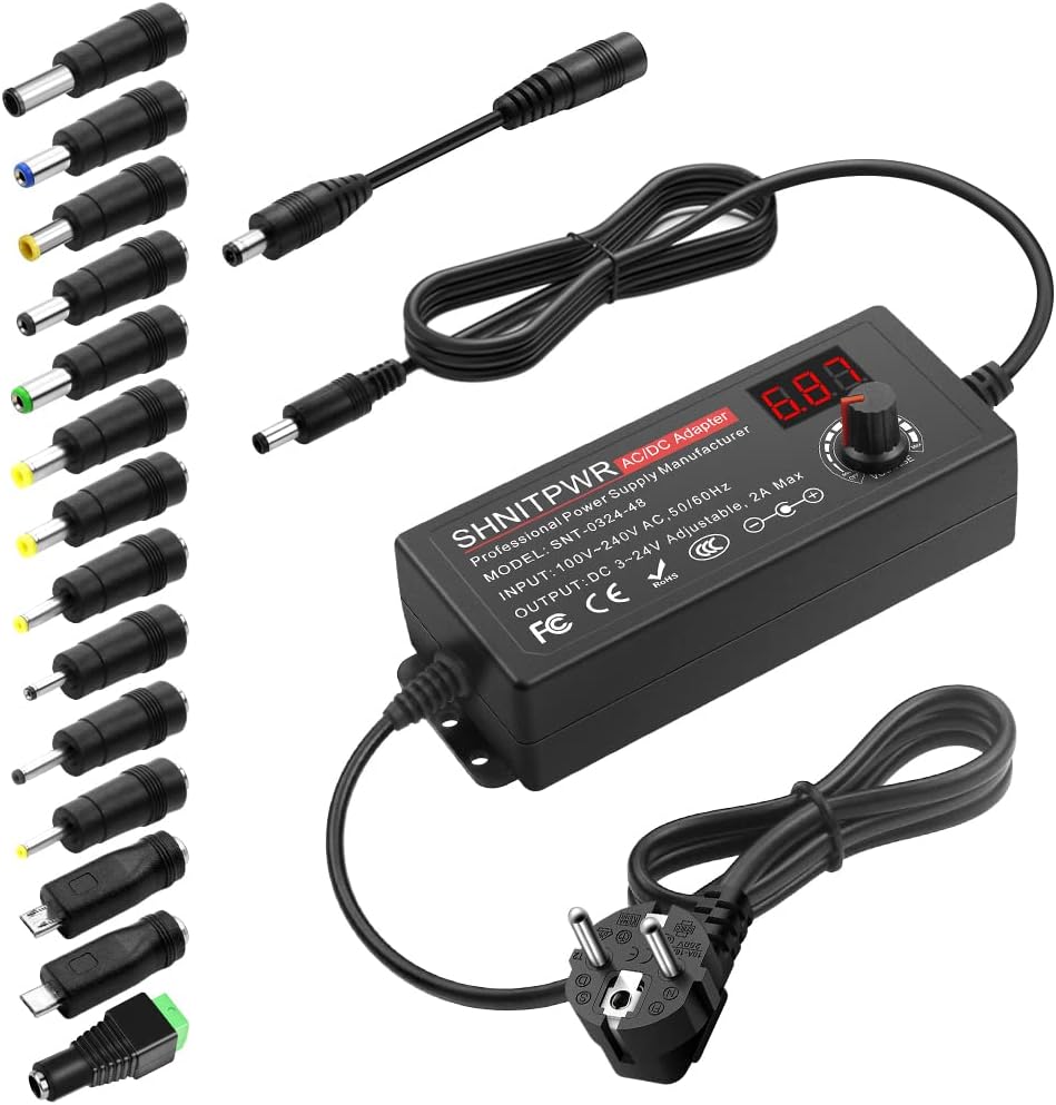 SHNITPWR Alimentatore universale da 3,5V ~ 24V, 48W, 2A, AC/DC, con 14 connettori adattatori, per dispositivi elettronici da 3,5 V a 24V, cornice per fotocamera per baby monitor e strisce LED, ecc.