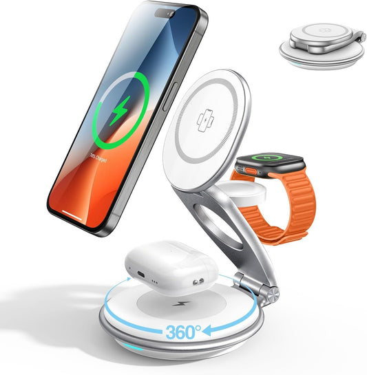 EXW for MagSafe Charger, 3 in 1 Wireless Charging Station for iPhone Charger, 15W Wireless Fast Charger Stand with 30W Adapter for iPhone 16/15/14/13/12 Series, Airpods and Apple Watch Charge (White)