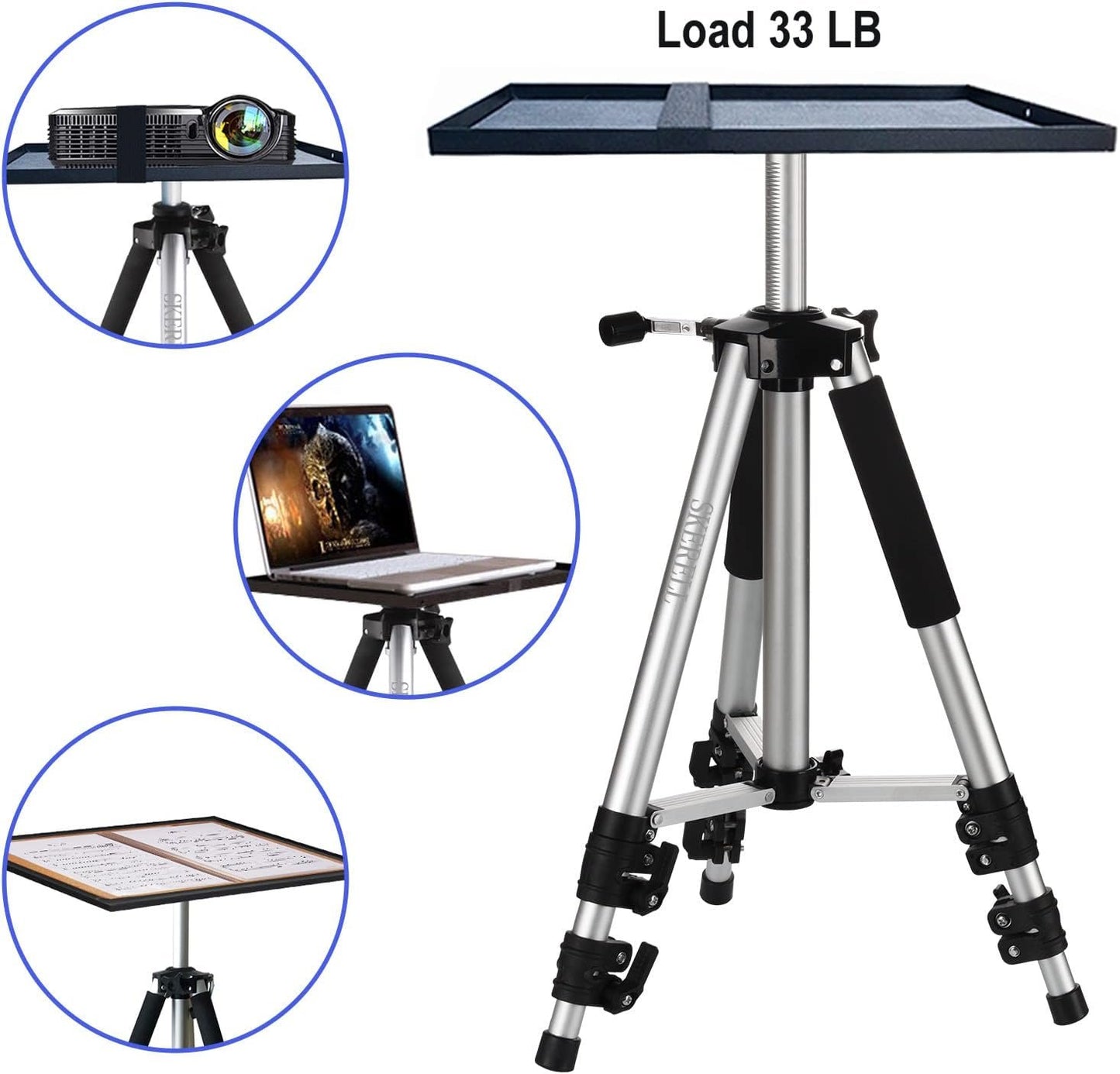 SKERELL Projector Stand, Universal Laptop Stand, Aluminum Alloy Tripod with Tray and Ball Head, Carrying Bag, Adjustable Height from 17 to 48 Inch (Silver)