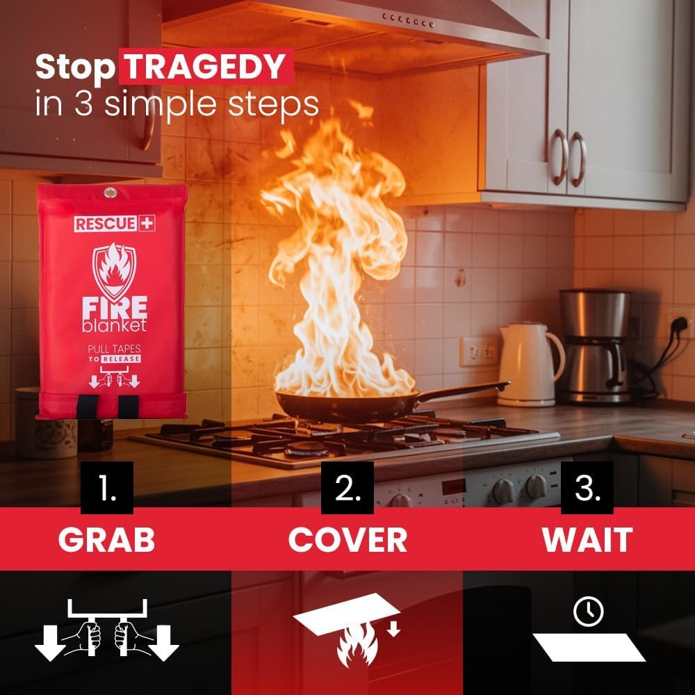 Rescue+ Emergency Fire Blankets – 2 Pack, 40” x 40” Fiberglass Flame Retardant Safety Blanket for Home, Kitchen, Workplace, Travel, Camping, and Car Emergencies
