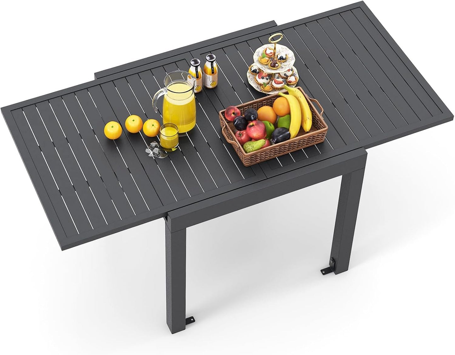 HAPPYGRILL Expandable Patio Dining Table Aluminum Outdoor Table for 4-6 Person with Slatted Tabletop, Square Rectangular Folding Patio Table for Porch, Lawn, Garden