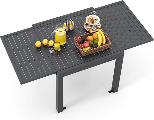 HAPPYGRILL Expandable Patio Dining Table Aluminum Outdoor Table for 4-6 Person with Slatted Tabletop, Square Rectangular Folding Patio Table for Porch, Lawn, Garden