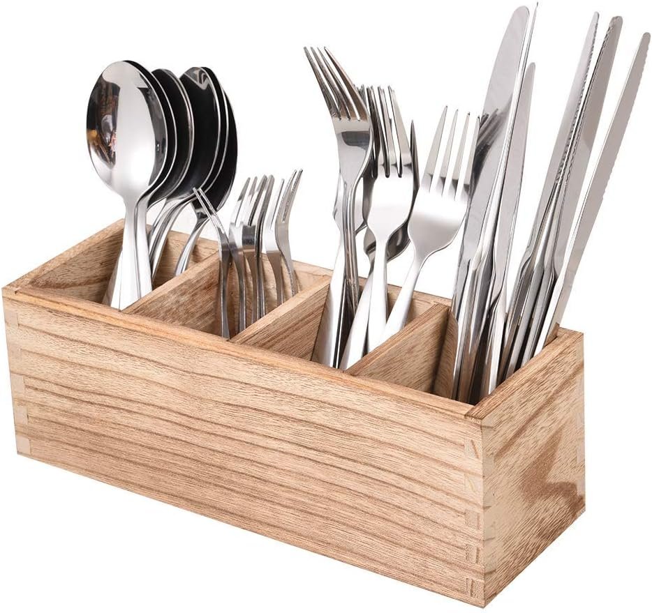 Kitchen Cutlery Holder with 4 Compartments, Wood Utensil Organizer Stand, Silverware Storage Kitchen Flatware Caddy for countertop