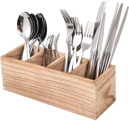 Kitchen Cutlery Holder with 4 Compartments, Wood Utensil Organizer Stand, Silverware Storage Kitchen Flatware Caddy for countertop