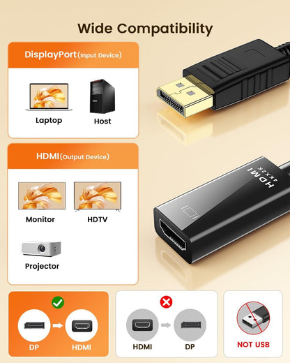 DisplayPort to HDMI Adapter, GOOOA Display Port DP to HDMI Adapter Cable Male to Female Port Connector 1080P for Computer, Desktop, Laptop, PC, Monitor, Projector, HDTV