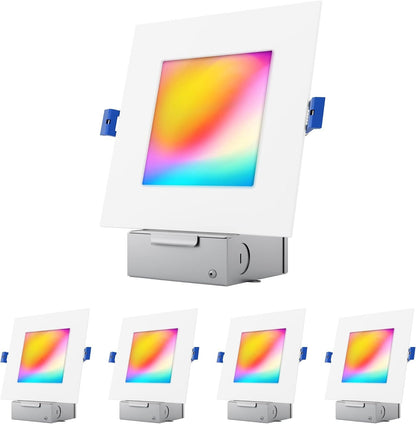 JULLISON 6" LED Smart Slim Recessed Pot Light, Square, WiFi APP & Voice Control, 120V, 13W, 1000LM, RGB + 2700K-6000K, ETL & FCC & IC Rated, Wet Location, Works With Alexa/Google Home, White - 4 Packs