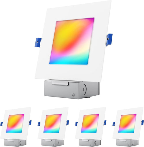 JULLISON 6" LED Smart Slim Recessed Pot Light, Square, WiFi APP & Voice Control, 120V, 13W, 1000LM, RGB + 2700K-6000K, ETL & FCC & IC Rated, Wet Location, Works With Alexa/Google Home, White - 4 Packs
