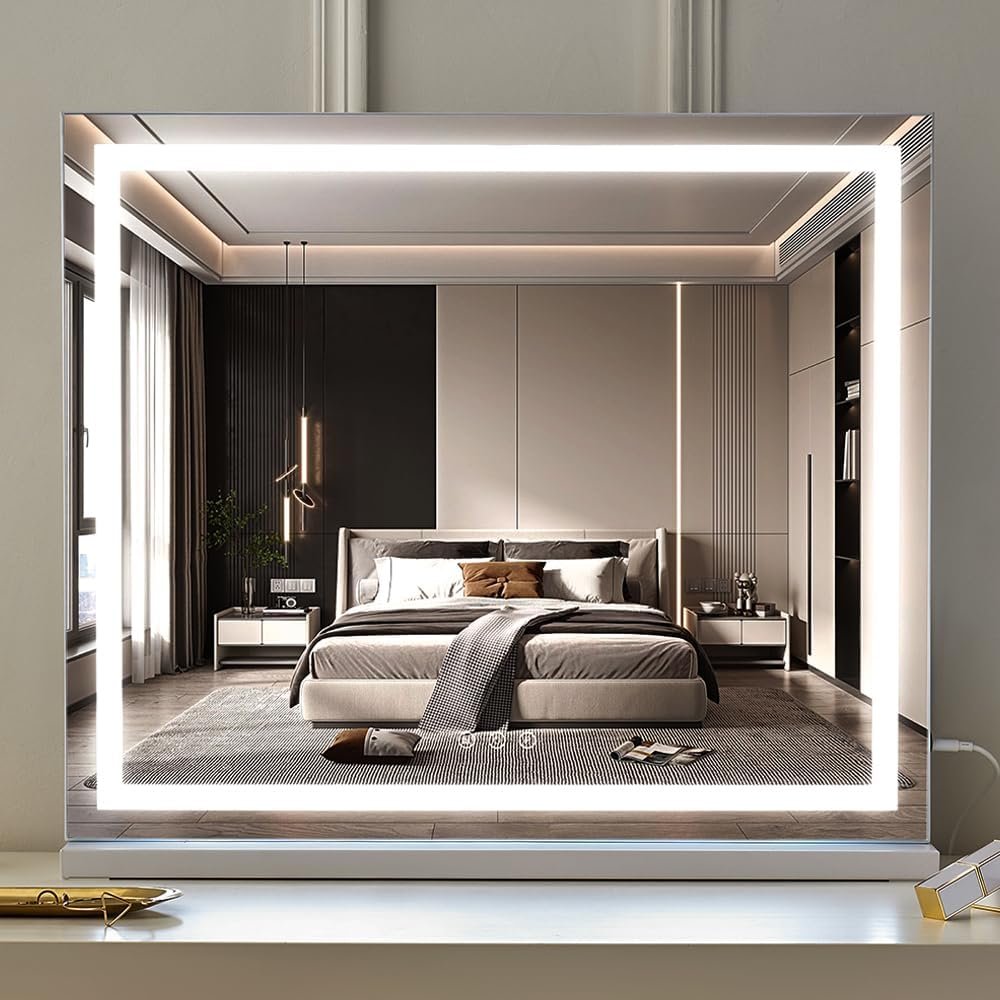 HIEEY Lighted Makeup Mirror, Hollywood Vanity Mirror with Lights, Three Color Lighting Modes, and 5X Magnification Mirror, Smart Touch Control, 360°Rotation (22.8in,White)