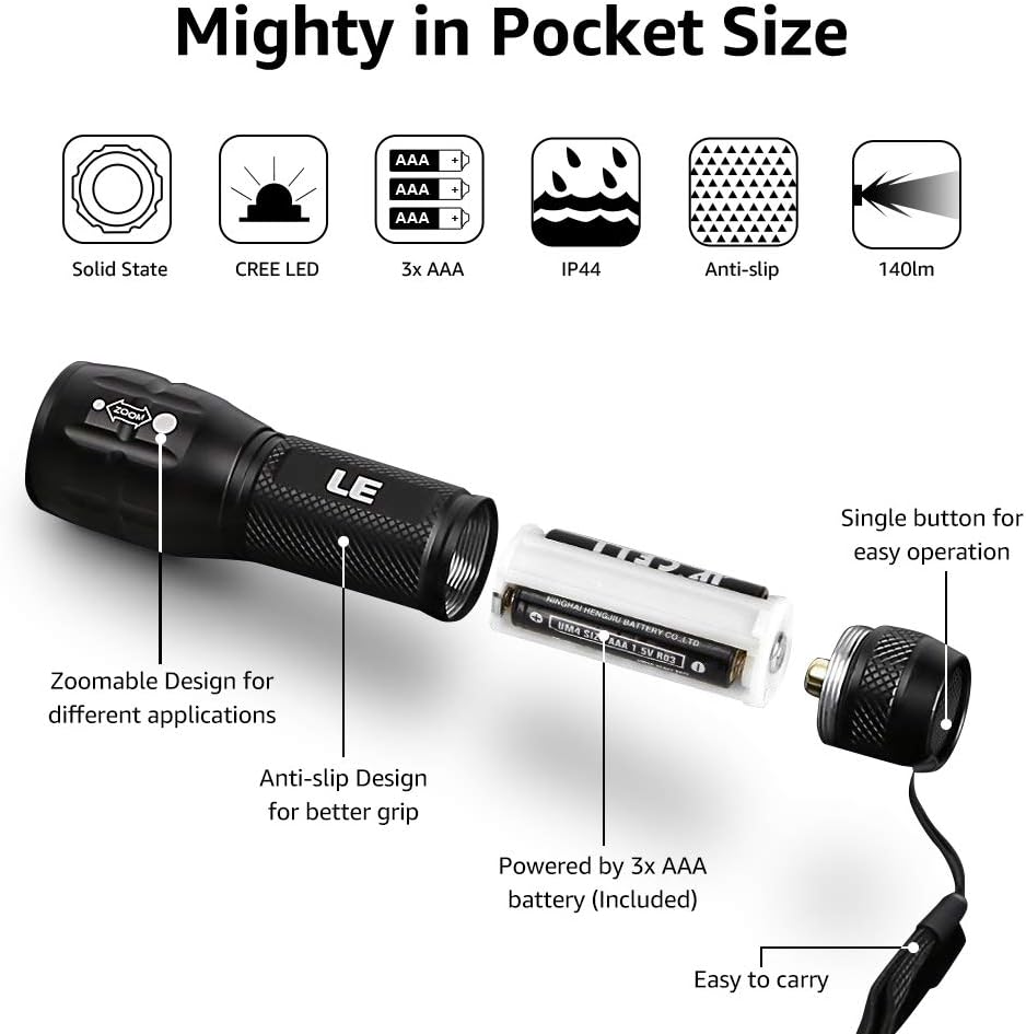 LE LED Torch, Super Bright Battery Powered Flashlight with Adjustable Focus, Waterproof, Handheld Tactical Mini Torches, Lightweight Flashlight for Emergency,Running, 3 AAA Batteries Included