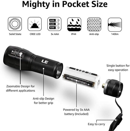 LE LED Torch, Super Bright Battery Powered Flashlight with Adjustable Focus, Waterproof, Handheld Tactical Mini Torches, Lightweight Flashlight for Emergency,Running, 3 AAA Batteries Included