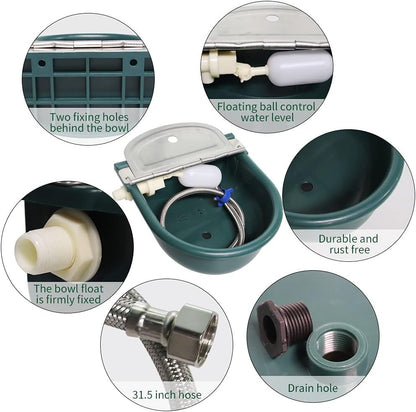 Automatic Water Bowl Plastic Livestock Stainless Steel Cover Waterer Dog Drinking Cattle Horse Drinker with Float Valve & Drain Plug & 1/2 Inch Pipe (Green)