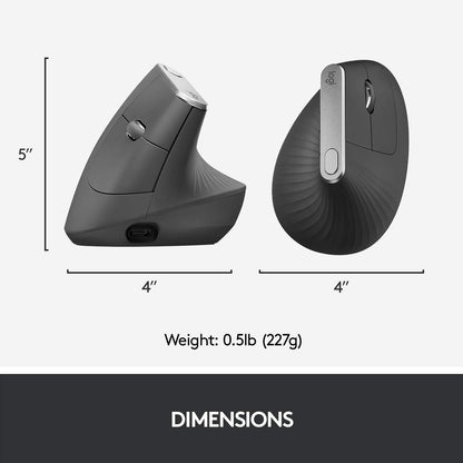 Logitech MX Vertical Wireless Mouse – Ergonomic Design Reduces Muscle Strain, Move Content Between 3 Windows and Apple Computers, Rechargeable, Graphite
