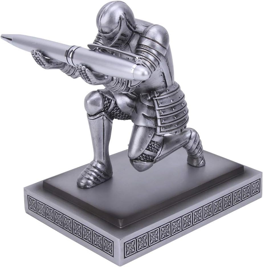 Amoysanli Knight Pen Holder Desk Organizers and Accessories Desk Decor Resin Pen Holder as Gift with a Cool Pen for Office and Home (Silver)