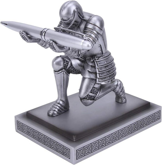 Amoysanli Knight Pen Holder Desk Organizers and Accessories Desk Decor Resin Pen Holder as Gift with a Cool Pen for Office and Home (Silver)