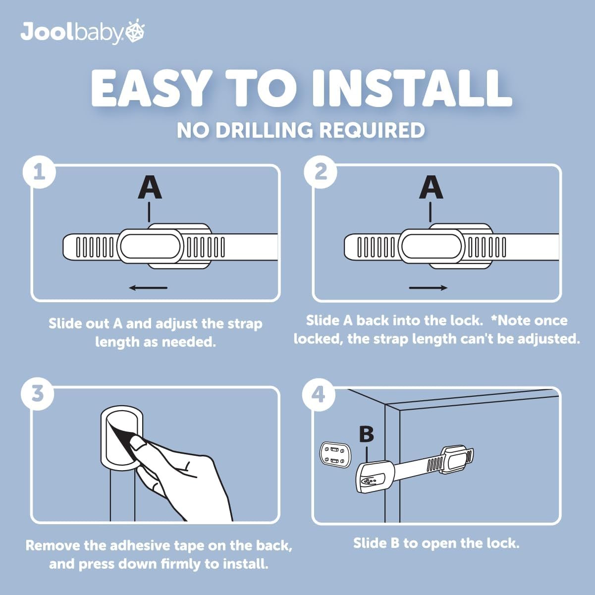 Child Safety Strap Locks (4 Pack) for Fridge, Cabinets, Drawers, Dishwasher, Toilet, 3M Adhesive No Drilling - by Jool Baby