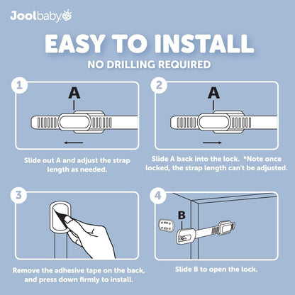 Child Safety Strap Locks (4 Pack) for Fridge, Cabinets, Drawers, Dishwasher, Toilet, 3M Adhesive No Drilling - by Jool Baby