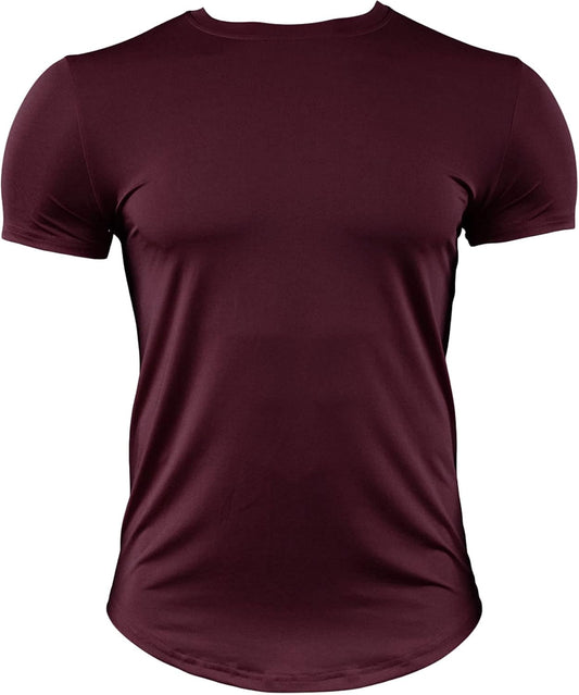 Mens Gym Workout Slim Fit Short Sleeve T-Shirt Cotton Athletic Running Fitness Tee Curved Hem Long Scallop T-Shirts