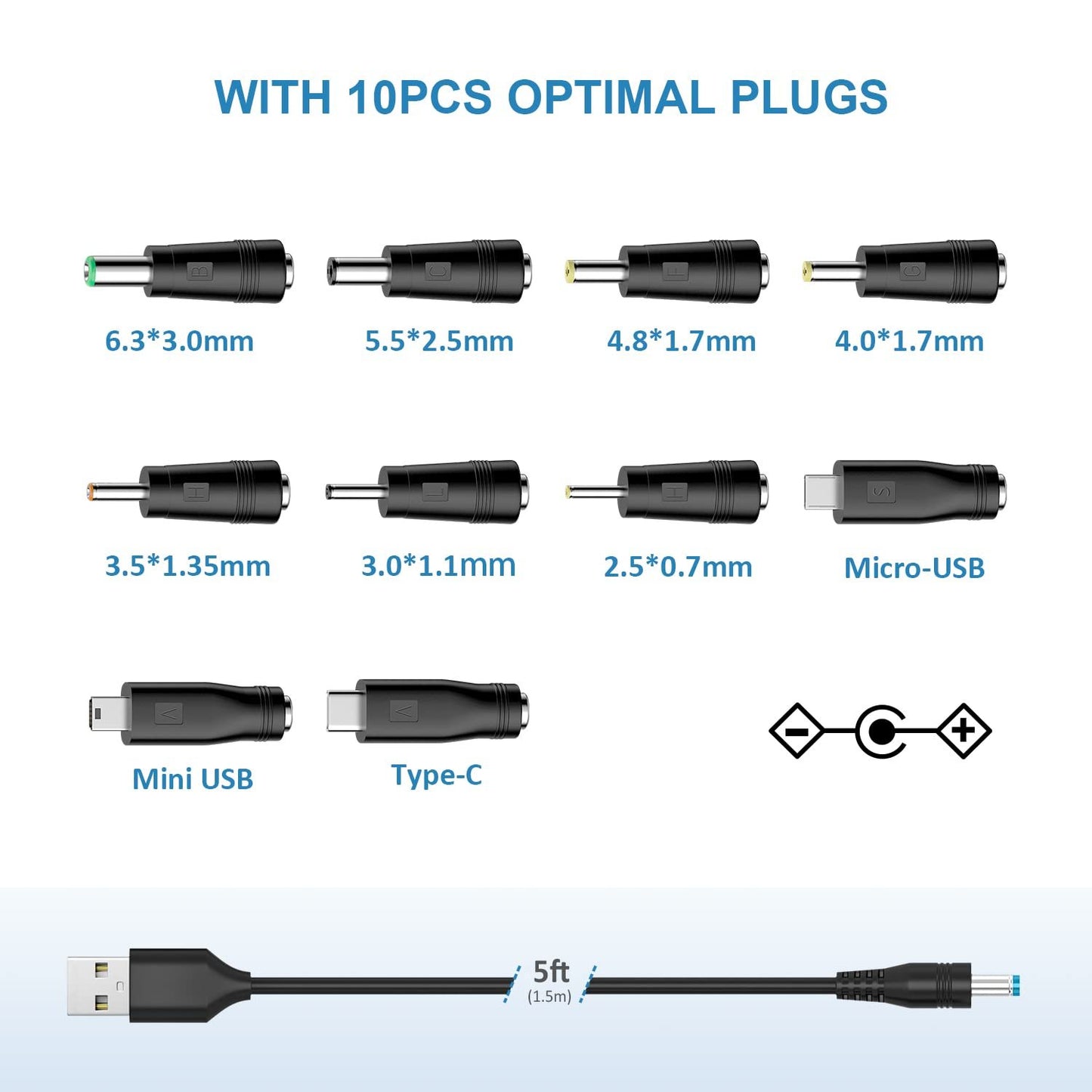 Powseed 5V DC Power Cable, USB to DC Plug Charging Cord with 10 Adapter Plugs to Charge Moon Lamp, LED Pixel Light, USB-HUB, Mini Fan, Camera, Cartoon Watch, Mobile Phone, Power Bank