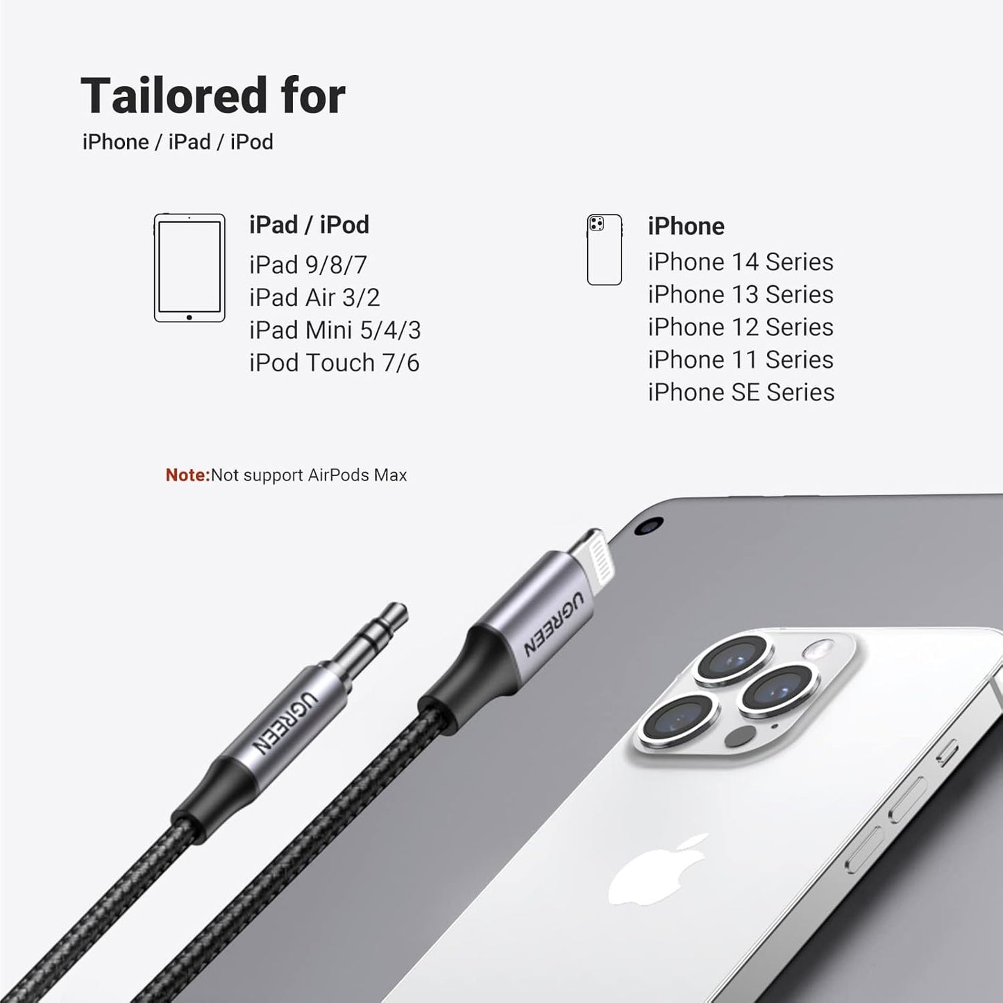 UGREEN Audio Cable Lightning to 3.5mm Aux Cable, MFi Certified Nylon Braided Stereo Jack Headphone Adapter for iPhone iPad Compatible with iPhone 14 13 12 Pro SE 11 Pro Max XS XR X, 3FT