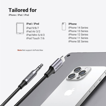 UGREEN Audio Cable Lightning to 3.5mm Aux Cable, MFi Certified Nylon Braided Stereo Jack Headphone Adapter for iPhone iPad Compatible with iPhone 14 13 12 Pro SE 11 Pro Max XS XR X, 3FT