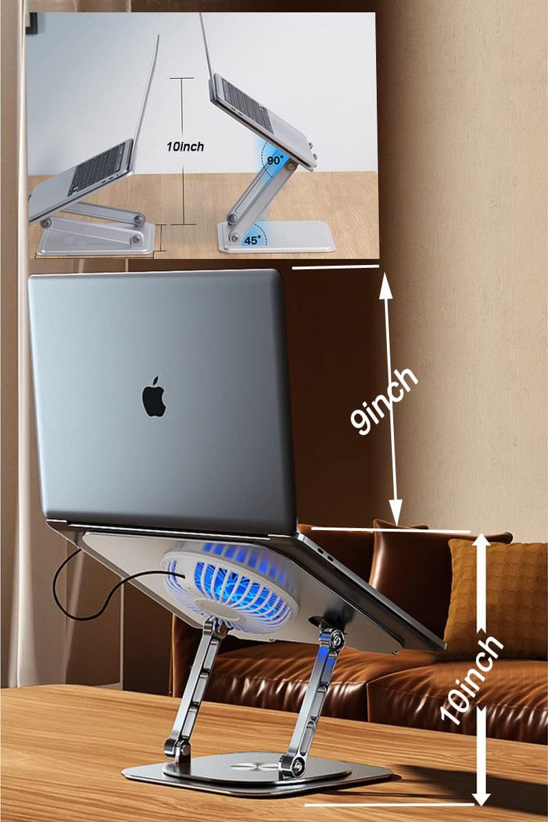 KEROLFFU Laptop Stand Fan With 360 Rotating Base, Adjustable Height Up to 10", Ergonomic Aluminum Riser Holder for 10-17 Inch Laptops/All MacBook Air