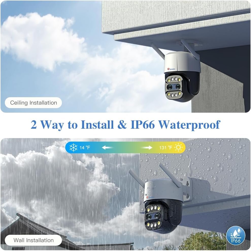 ctronics Dual Lens Security Camera Outdoor with 6X Hybrid Zoom, 360Â° CCTV Camera, 1080P PTZ IP Home Security WiFi Camera, Human Detection, Auto Tracking, Color Night Vision, Siren, 2-Way Audio, IP66