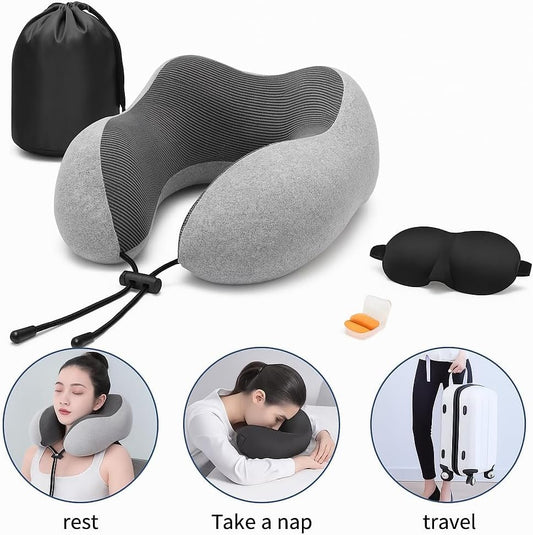 Memory Foam Travel Neck Pillow for Airplane – Ergonomic 360° Head & Neck Support Pillow with Magnetic Therapy Fabric, Adjustable Strap, Eye Mask, Earplugs & Carry Bag for Travel, Office, or Home