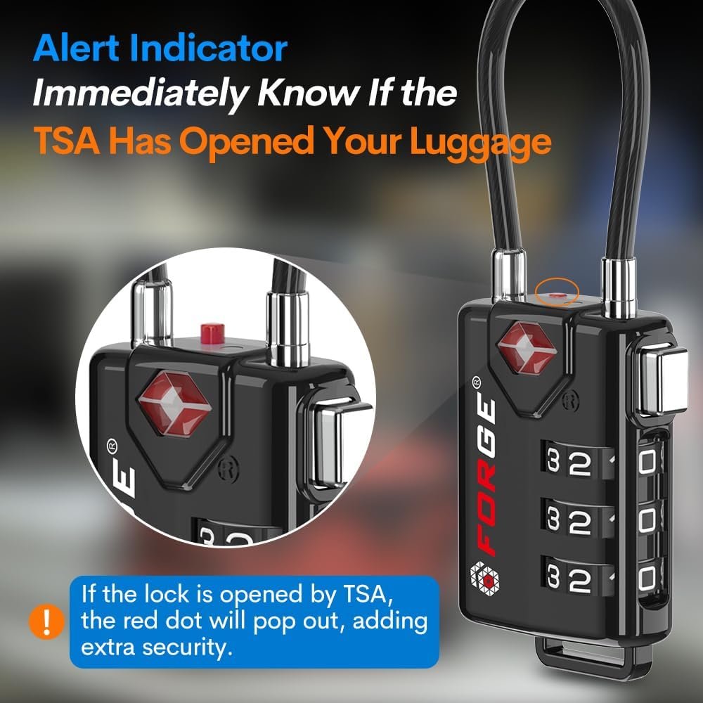 Forge TSA Approved Cable Luggage Locks - Black - Easy Read Dials with Alloy Body