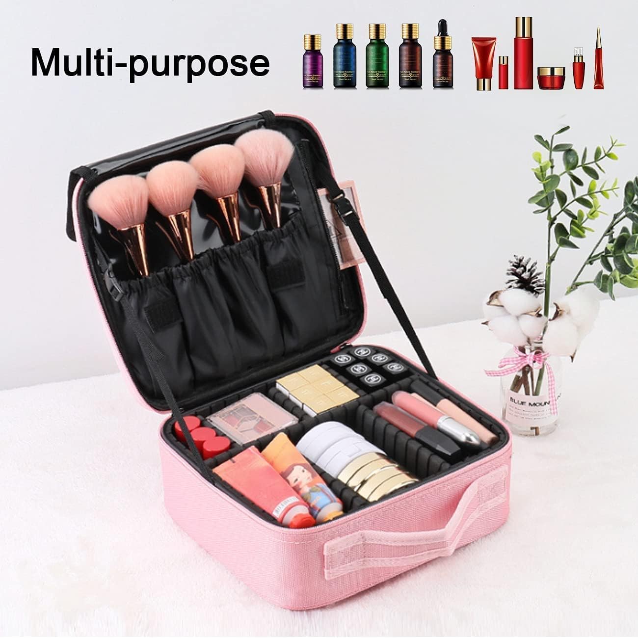 ANBOWEI Women's Beauty Case, Travel Makeup Bag Professional Large Capacity Makeup Case, Cosmetic Bag Beautician with Adjustable Divider, Makeup Bag for Cosmetic Tool (Pink), Colour: Pink, 26 L x 23 B