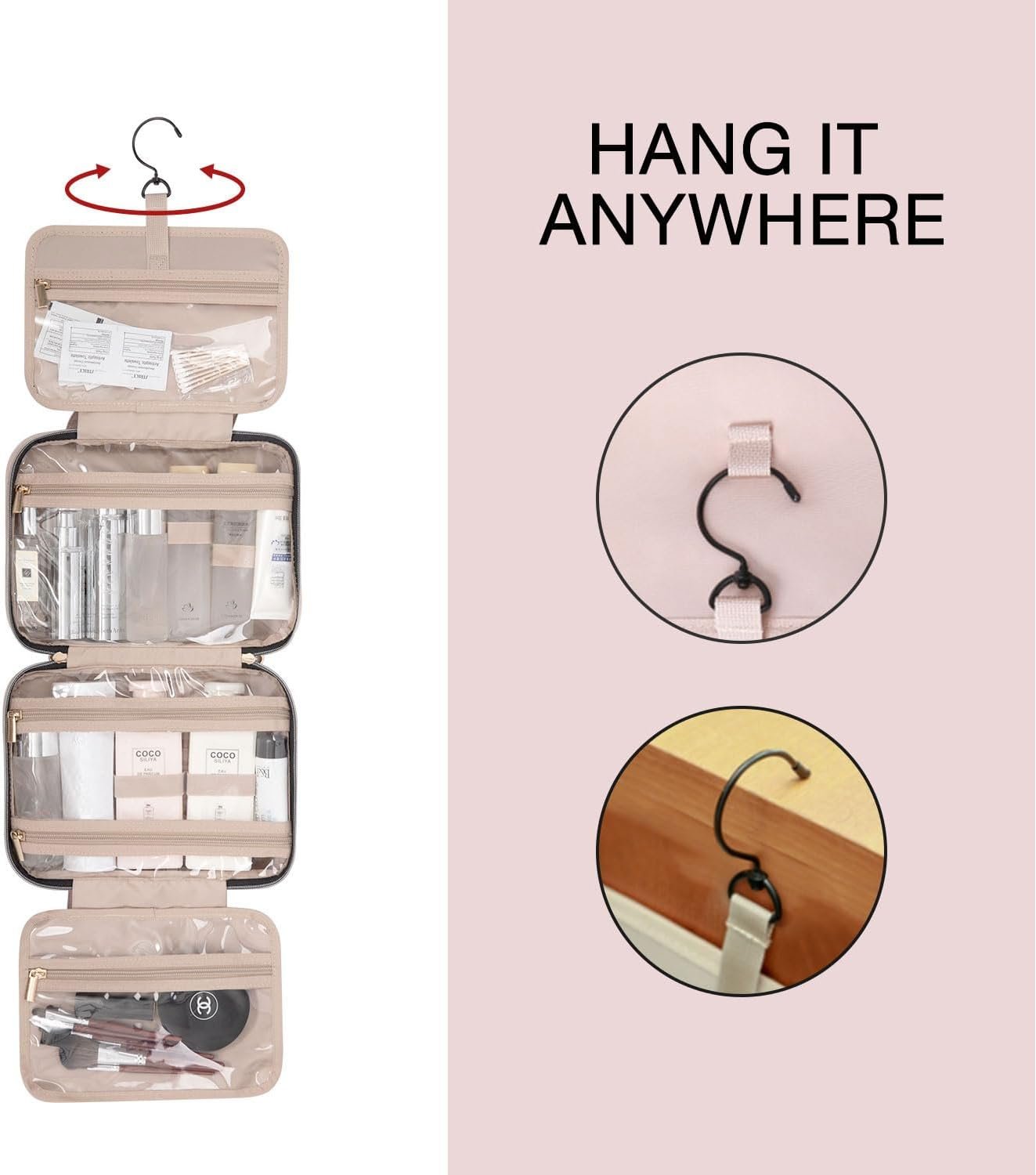 BAGSMART Toiletry Bag Travel Bag with Hanging Hook, Water-resistant Makeup Cosmetic Bag Travel Organizer for Accessories