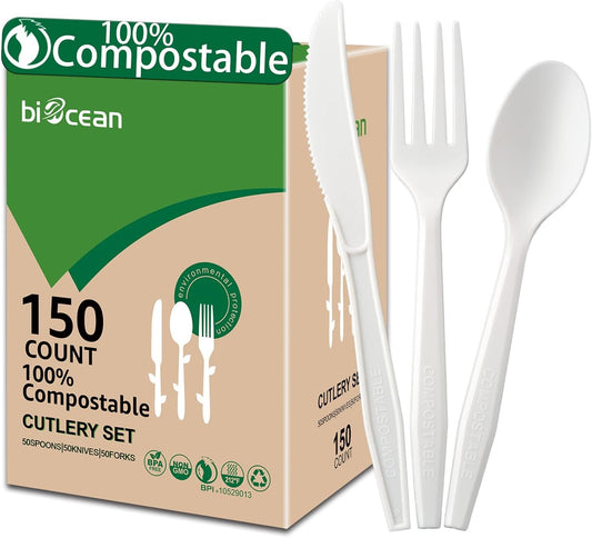 BIOCEAN 100% Compostable No Plastic Knives Plastic Forks Plastic Spoons Plastic Utensils, The Heavyweight Heavy Duty Flatware is Eco Friendly Products for Lounge Party Wedding BBQ Picnic Camping.