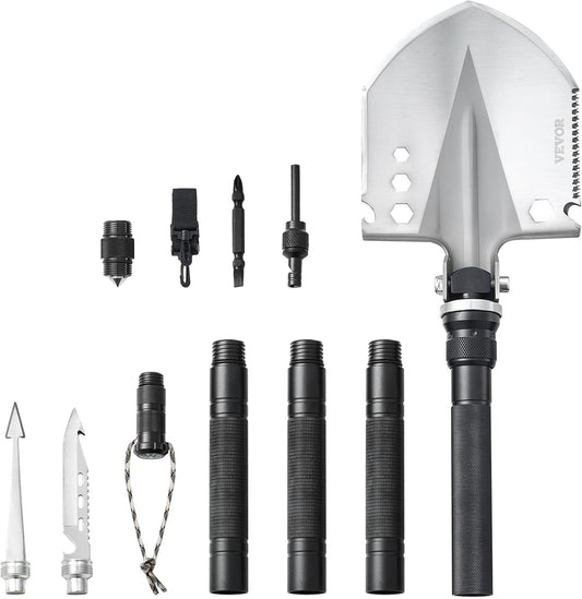 VEVOR Survival Shovel, 13 in 1 Camping Shovel Folding Multitool Kit, Portable and Compact, Stainless Steel, Multifunction for Off-Roading, Camping, Hiking, Outdoor, Survivalist and Emergency