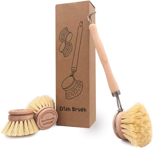 Wooden Dish Brush & Pot Cleaning Brush Premium Long-Handled Dish Brushes Kitchen Brushes with 2 PCS Replacement Heads