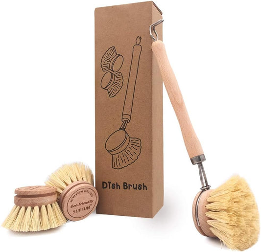 Wooden Dish Brush & Pot Cleaning Brush Premium Long-Handled Dish Brushes Kitchen Brushes with 2 PCS Replacement Heads