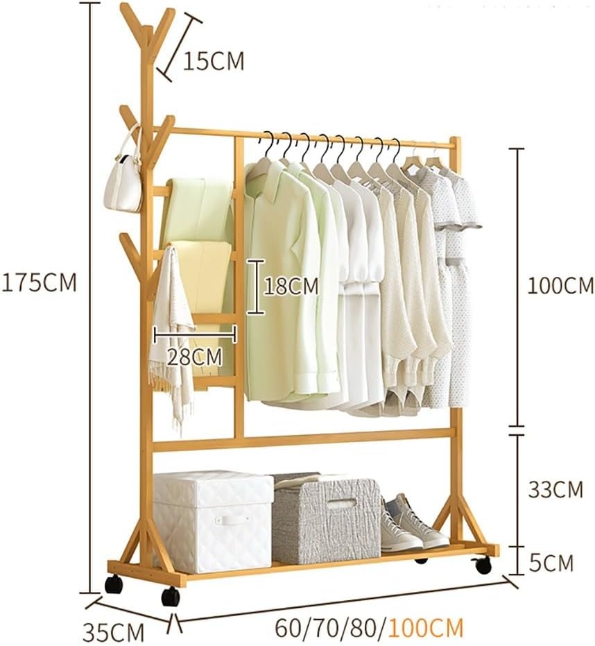 Generico Robusto Appendiabiti in bambù con portascarpe, Porta Abiti Mobile su Ruote, Elegante Appendiabiti con Barre Appendiabiti per organizzare e riporre Gli Oggetti in Camera da Letto.