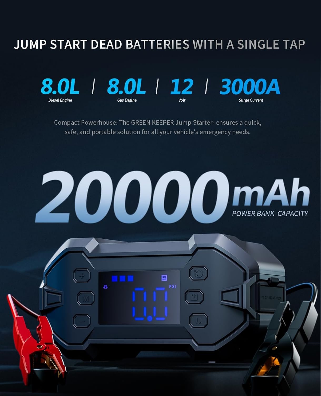 Portable Car Jump Starter 3000A with Air Compressor 12V Battery Jumper Emergency for 8.0L Gas & Diesel Engines Power Booster Start Boost Charger Box and Power Bank, for All Weather