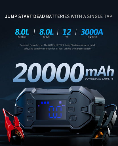 Portable Car Jump Starter 3000A with Air Compressor 12V Battery Jumper Emergency for 8.0L Gas & Diesel Engines Power Booster Start Boost Charger Box and Power Bank, for All Weather